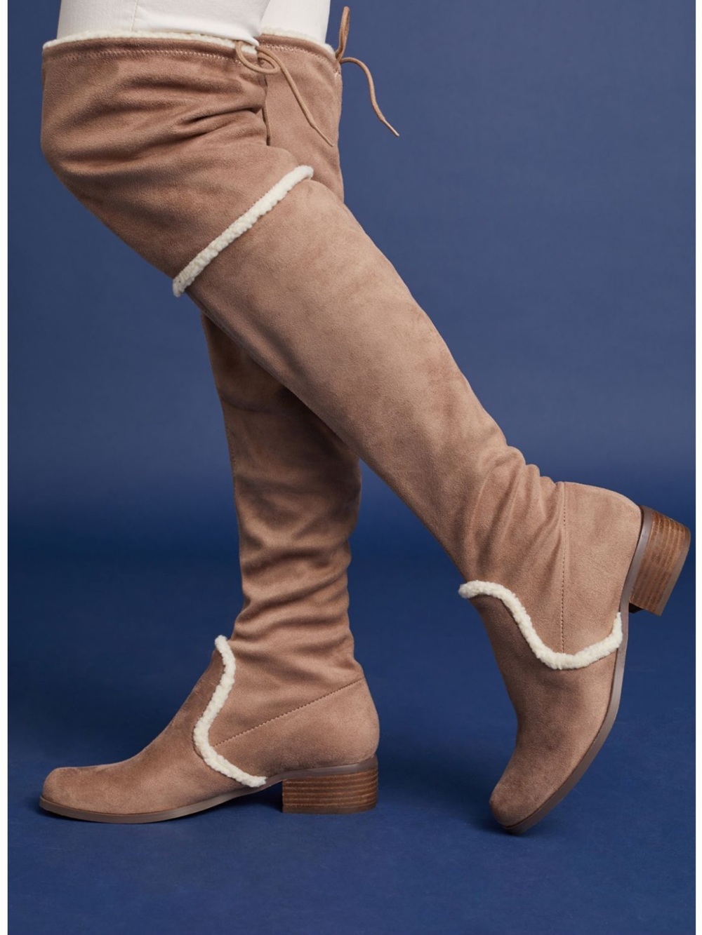 Charles David Taupe Over-the-Knee Faux-Suede Boots with Shearling Trim